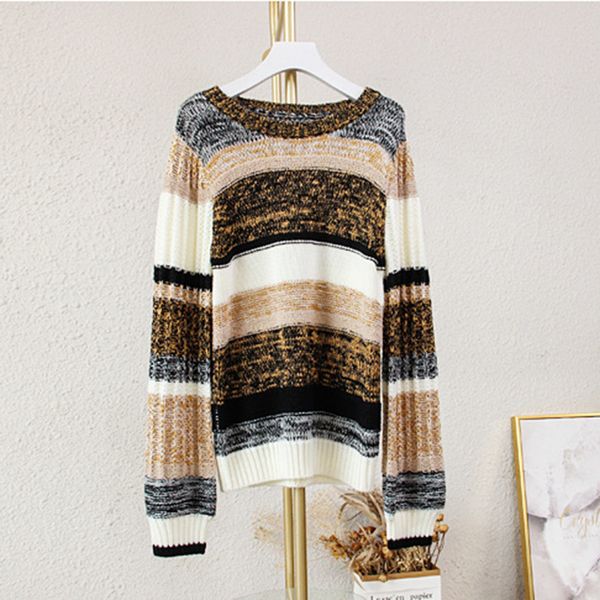 

2021 new patchwork retro sweater women autumn winter long lantern sleeve round neck warm pullover casual vintage sweaters 6oco, Black