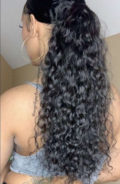 

beautiful women wearing luxury raw cambodian deep curly ponytail human hair extension natural curly drawstring pony tail hairpiece 140g 1b, Black