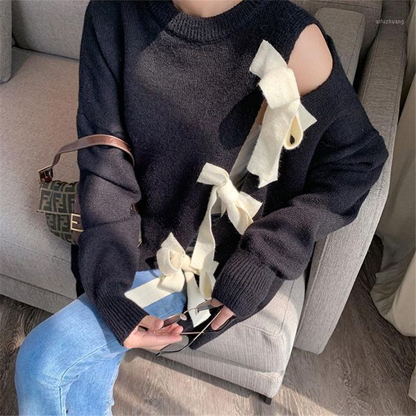 

japanese sweet tie front bowknot sweater women loose pullover autumn winter knitted sweaters female jumper pull mujer my21991, White;black