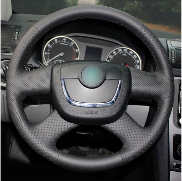 

hand-stitched black artificial leather car steering wheel cover for skoda octavia 2009-2013 citigo 2011-2012 roomster fabia