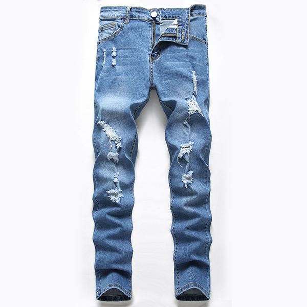 

2d selling jeans men europe and the united states foreign trade holes jeans men stretch straight tube slim pants, Blue