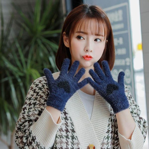 

five fingers gloves knitted female winter plus velvet thickened warmth five-finger touch screen student cute cold-proof riding autumn d24, Blue;gray