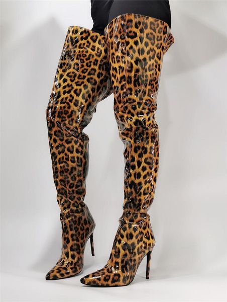 

dipsloot woman leopard super long boots thin heels pointed toe over the knee boots zipper back loose v botas shoes big size, Black