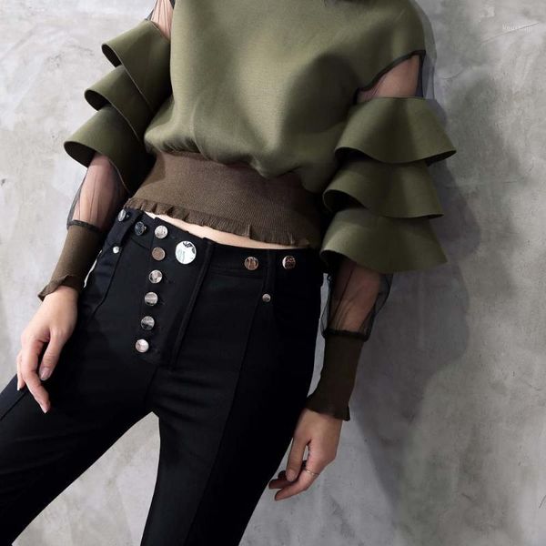 

2020 new design fashion patchwork mesh perspective ruffles thread cuff hem short solid o neck sweatshirt women1, Black