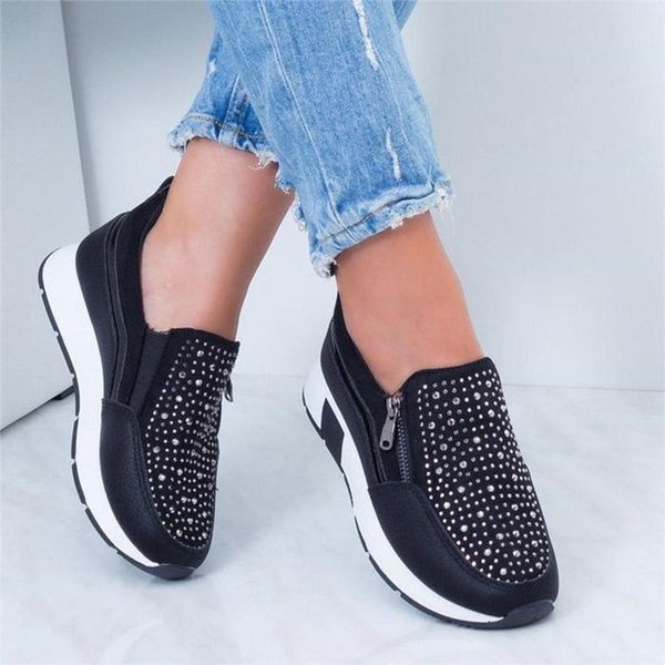 

sneakers shoes woman casual flat shoes outdoor sport zapatillas mujer zipper crystal non-slip breathable tenis feminino y200424, Black