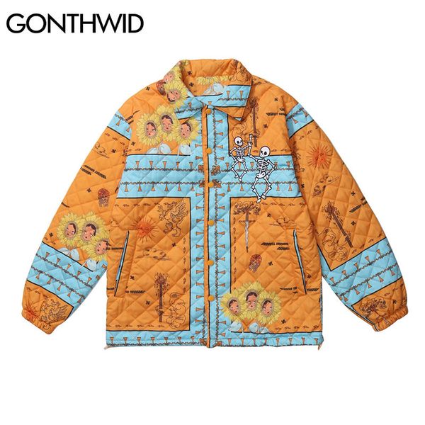 

color block patchwork cotton padded jackets streetwear hip hop embroidery skeleton skull sunflowers print coats outwear, Black