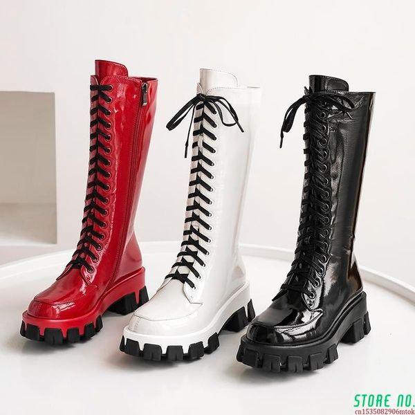 

2020 new arrival brand boots women lace up round toe platform knee high boots fashion solid color womens female, Black