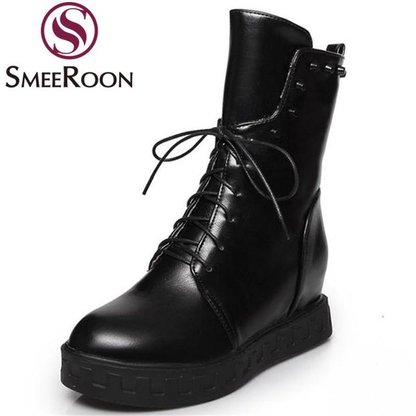 

boots smeeroon punk solid ankle height increasing lace up rivets winter round toe platform women's shoes big size, Black