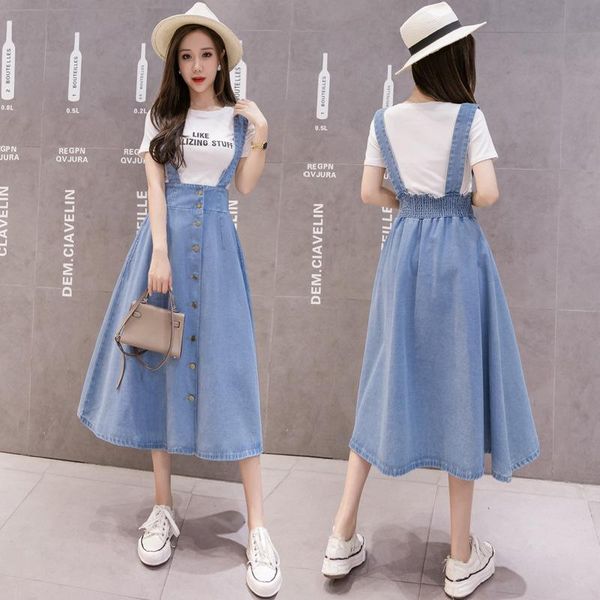

skirt female 2020 spring and autumn new style a- line skirt cowboy female vintage mid-length strapped dress fashi, Gray