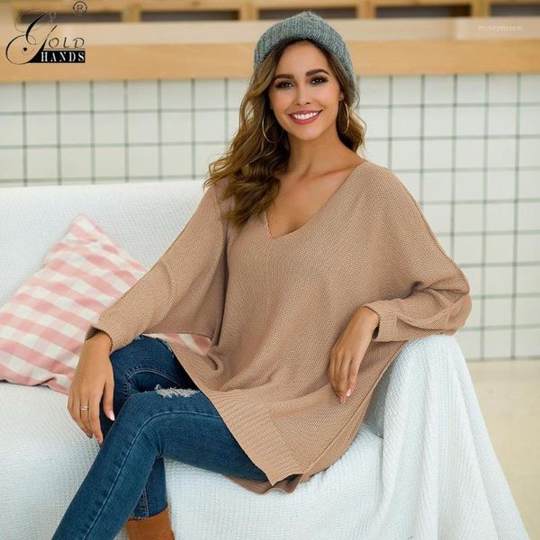 

gold hands casual winter oversized sweaters 2019 fall batwing sleeve loose pullover women solid v neck split knitted sweater1, White;black
