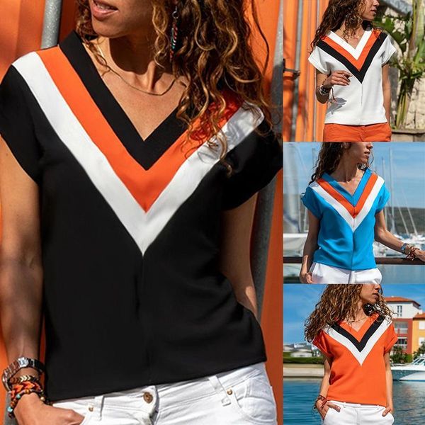 

women's summer stitching v-neck short-sleeved loose t-shirt, White