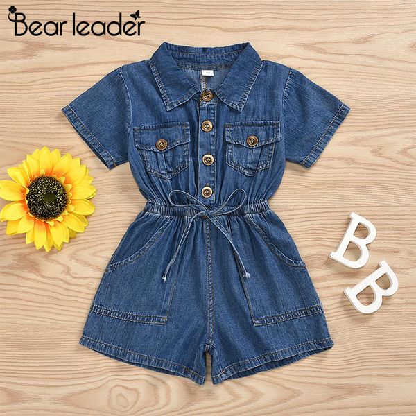 

bear leader new fashion 2020 toddler kids girls rompers outfit playsuit short sleeve blue denim jumpsuit romper summer clothes t200707, White