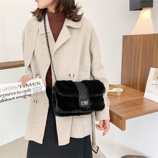 

elegant soft plush women shoulder bags designer chain lock crossbody bags for women winter faux fur female handbags small tote