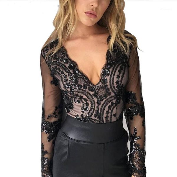 

women v-neck long sleeve mesh patchwork sequined bodysuit playsuit clubwear bodycon floral party jumpsuit romper trousers1, Black;white
