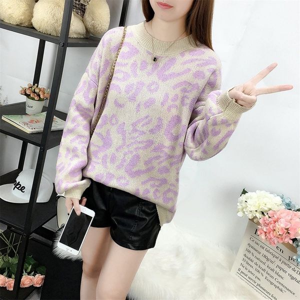 

2nhbf leopard sweater women's korean version loose fall winter pulloversweater lazy wind small fresh soft girl and 2020 pullover cute p, White;black