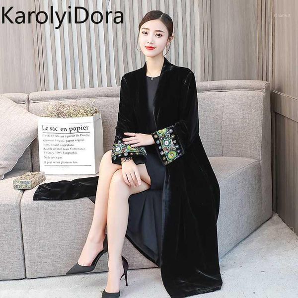 

sleeve exquisite embroidery vintage velvet kimono trench new women v neck mid long windbreaker coat outerwear1, Black