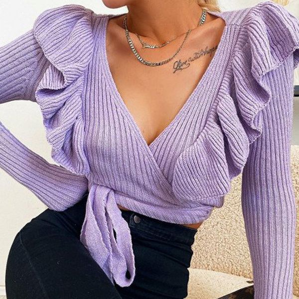 

autumn women long sleeve ruffles sweaters v neck cropped fashion strappy purple pullovers casual slim knitted sweater, White;black