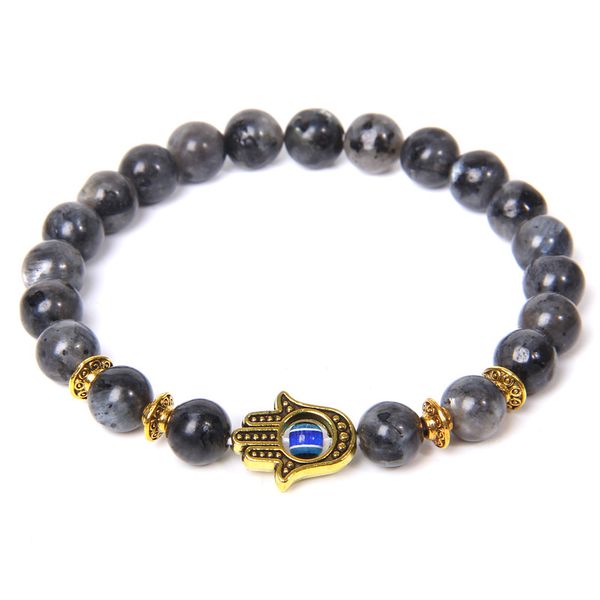 

buddhism gold fatima hand bracelets men natural labradorite bracelet for women polished gray stone beads bangle jewelry homme, Black