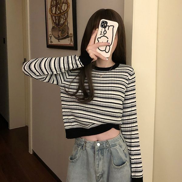 

autumn korean 2020 new slim fit color matching round sweater neck stripe short bottomed long sleeve sweater women gvoy2, White;black