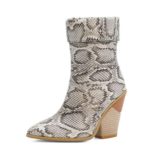 

boots fanyuan motorcycle western women snake pattern pu leather high heels slip on cowgirl booties ankle botas shoes size 34-48, Black