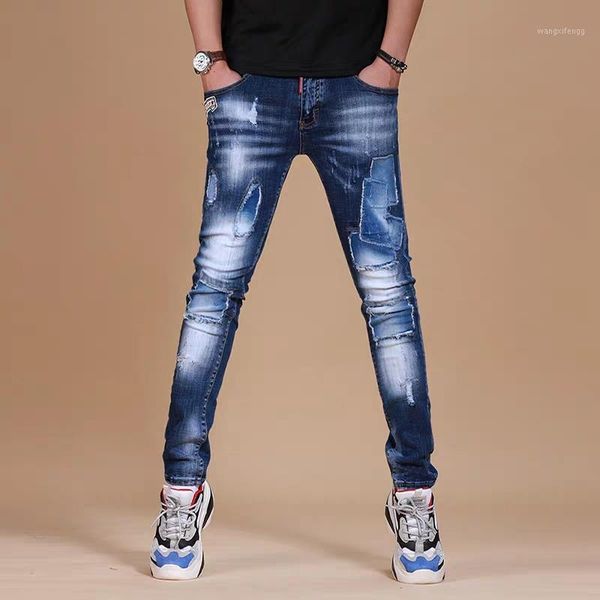 

new 2020 men's male jeans korean version slim spring trend dyeing casual stretch pants trousers1, Blue