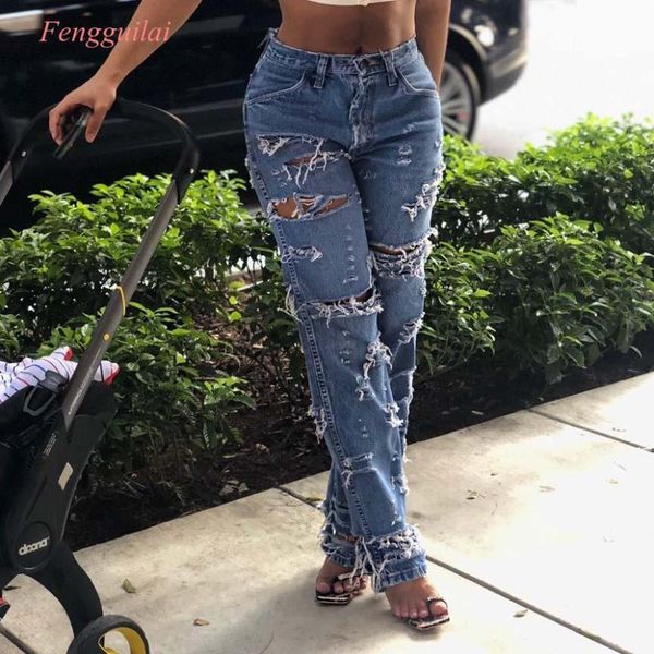 

blue ripped distressed boyfriend denim jeans women casual summer autumn hole plain straight leg pants spring trousers plus size