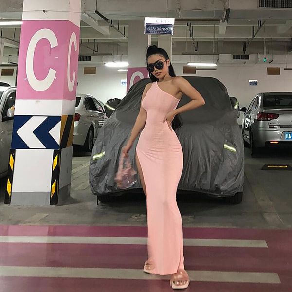 

casual dresses kgfigu robe snug bodycon vestidos pink one shoulder split summer ribbed dress women slim fitness maxi clothes, Black;gray