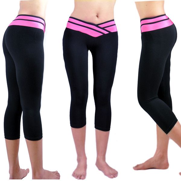 

spring and summer european and american sports fashion yoga pants color matching arm cross waist capris, Black;white