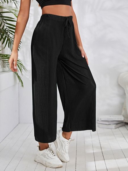 

drawstring pleated wide leg pants f4jw#, Black;white