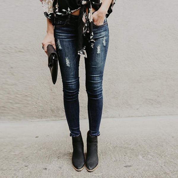 

boyfriend streetwear jeans slim jeans girls for women cotton 2020 long hole summer waist ripped pants fall clothing denim mid, Blue