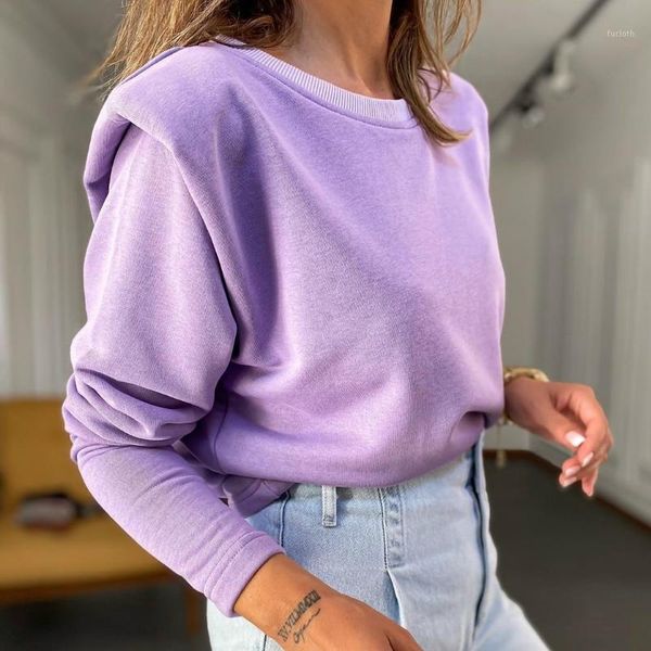 

2020 trendy new women shoulder pad sweatshirts long sleeve solid casual for girls loose ladies streetwear1, Black