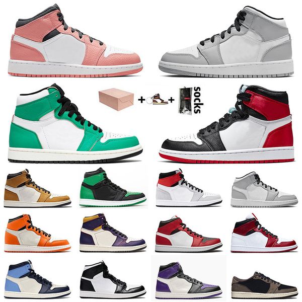 

sale 2021 with box basketball shoes 1s mid pink quartz light smoke grey jumpman lucky green retro rookie year men women trainers, White;red
