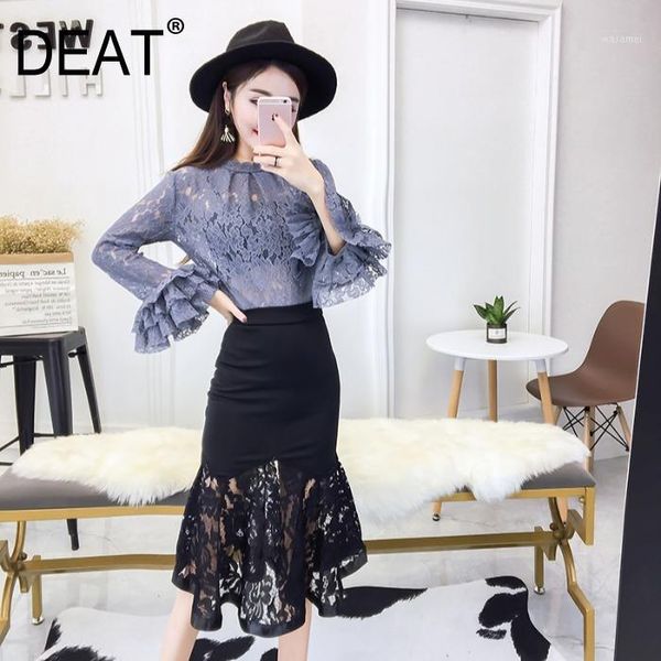 

deat 2020 new summer fashion round neck flare sleeves lace hollow out slim shirt and turmpet slim skirt female set wl56500l1, White
