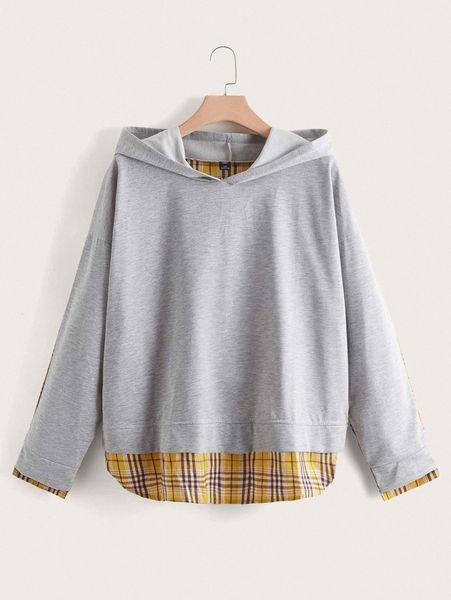 

plus plaid drop shoulder hoodie g6cc#, Black