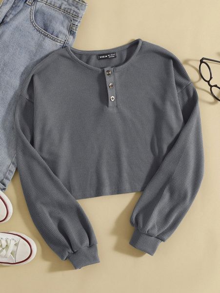 

half button drop shoulder crop tee r6zc#, White