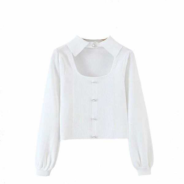

2021 women new streetwear solid color lapel hollowed out chest sweater female single-breasted long sleeve short cardigan chic top, White;black