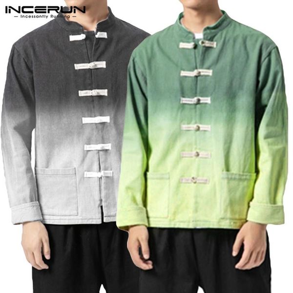 

incerun autumn casual men gradient stand collar long sleeve shirt jackets fashion vintage joker buckle cotton loose mens blouse, White;black