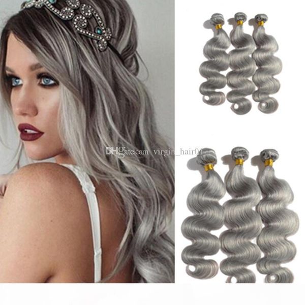 

gray weave bundles 3pcs body wave peruvian human hair extension wet and wavy silver grey weft grade beauty products, Black;brown