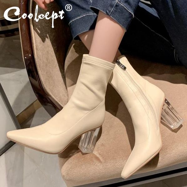 

boots coolcept women half short thick high heel pointed toe zipper shoes fashion winter party footwear size 33-40, Black