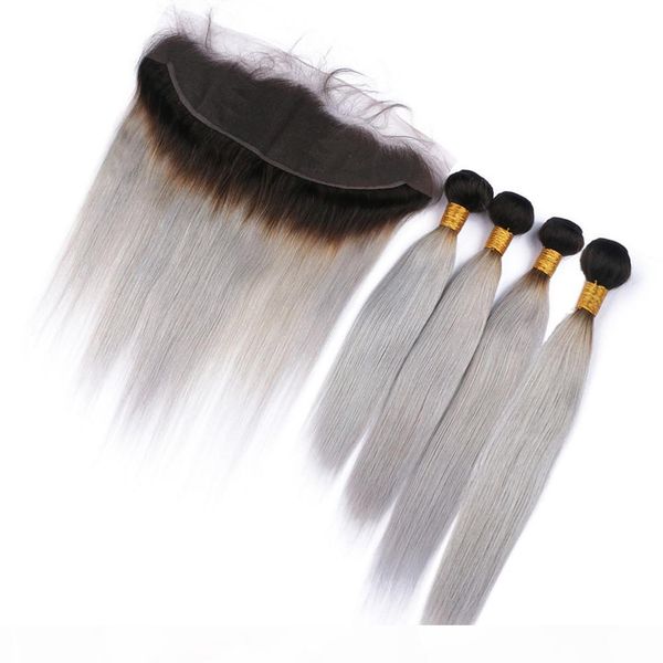 

ombre silver grey dark roots hair extensions malaysian straight weaves with frontal #1b grey ombre human hair lace frontal with 4bundles, Black;brown