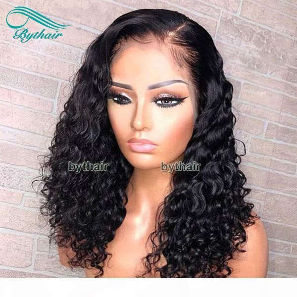

bythair brazilian pre plucked curly left part full lace human hair wigs with baby hairs lace front wig for black women, Black;brown