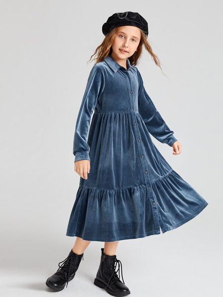 

girls button front ruffle hem velvet dress she, Red;yellow
