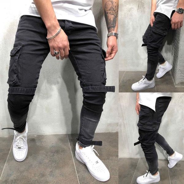 

hirigin 2020 new black jeans for men fashion slim hip hop streetwear casual belted plus size skinny jeanks mens biker jeans1, Blue