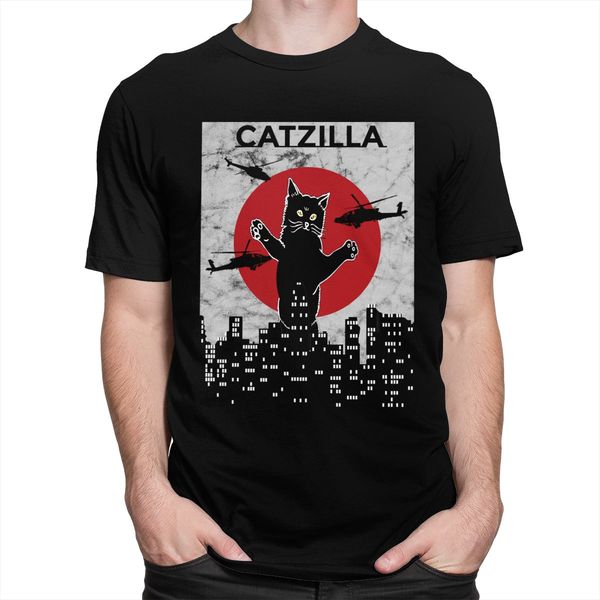 

sport novelty men's catzilla t-shirt cat feline flaming cute monster tshirt short sleeve pure cotton funny kitten neko comic tee shirt