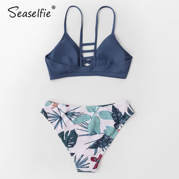 

seaselfie navy and floral strappy bikini sets women tank two pieces swimsuits 2020 girls swimming suits biquini y1120, White;black