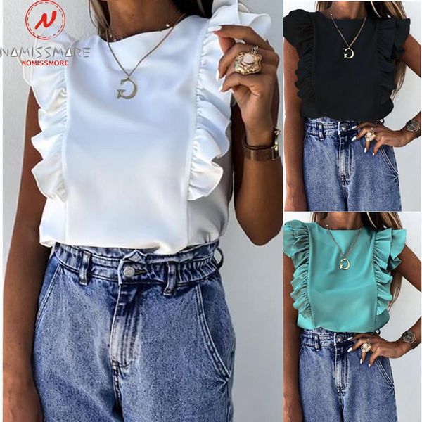 

fashion women summer solid color t-shirts patchwork design ruffles decor o-neck short sleeve slim pullovers for streetwear, White
