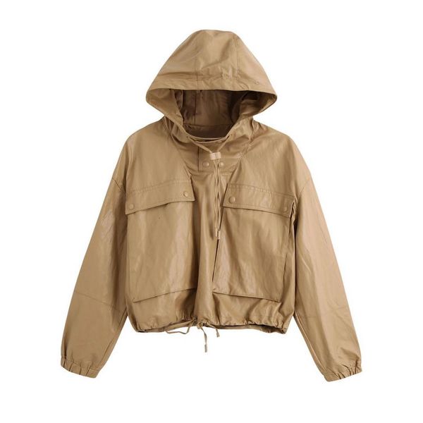 

2021 new women khaki faux leather jacket hooded ladies long sleeve oversize boy friend coat fast shipping 5shu, Black