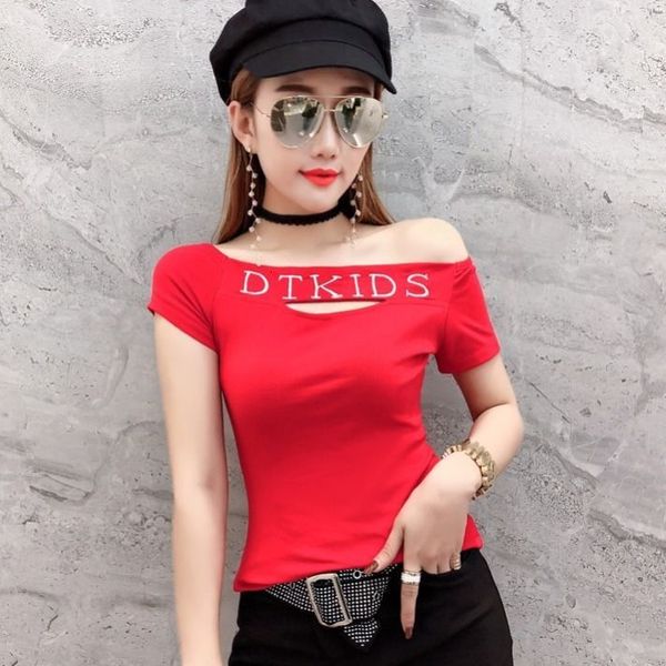

high cotton one t-shirt for women with slim fitting letters embroidered off shoulder short sleeve women's new summer