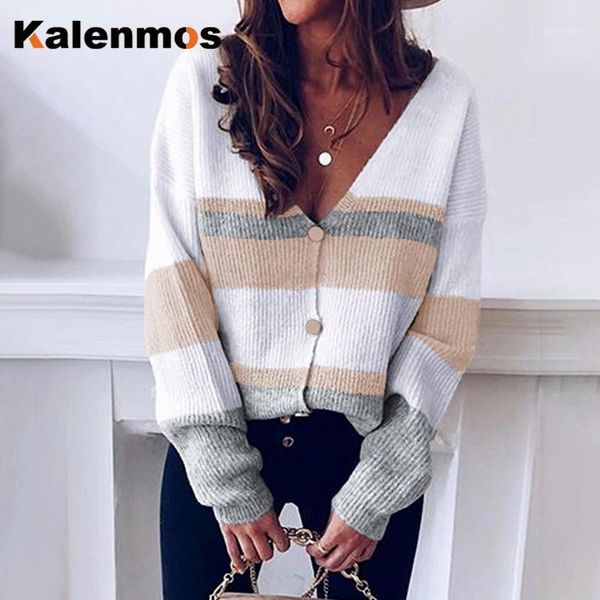 

women's knits & tees patchwork cardigan knit sweater women autumn winter kalenmos v neck long slevee loose streetwear harajuku chic sw, White