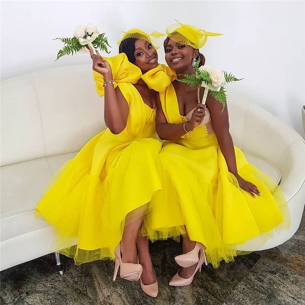 

2022 tea length african nigerian one shoulder short bridesmaid dresses yellow big bow ruched wedding guest maid of honor dresses, White;pink